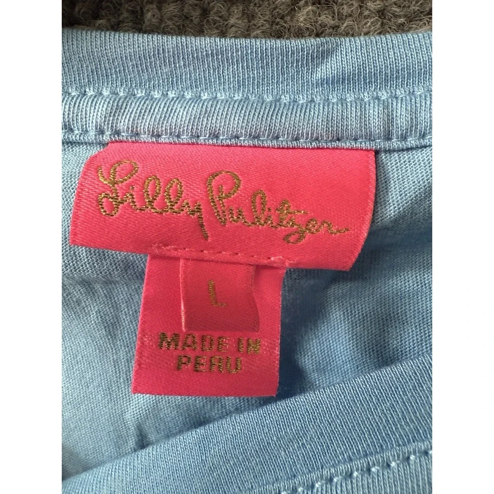 Lilly Pulitzer Shirt Top Pink Blue Longsleeve Large Fox logo ‎ Pima Cotton H69